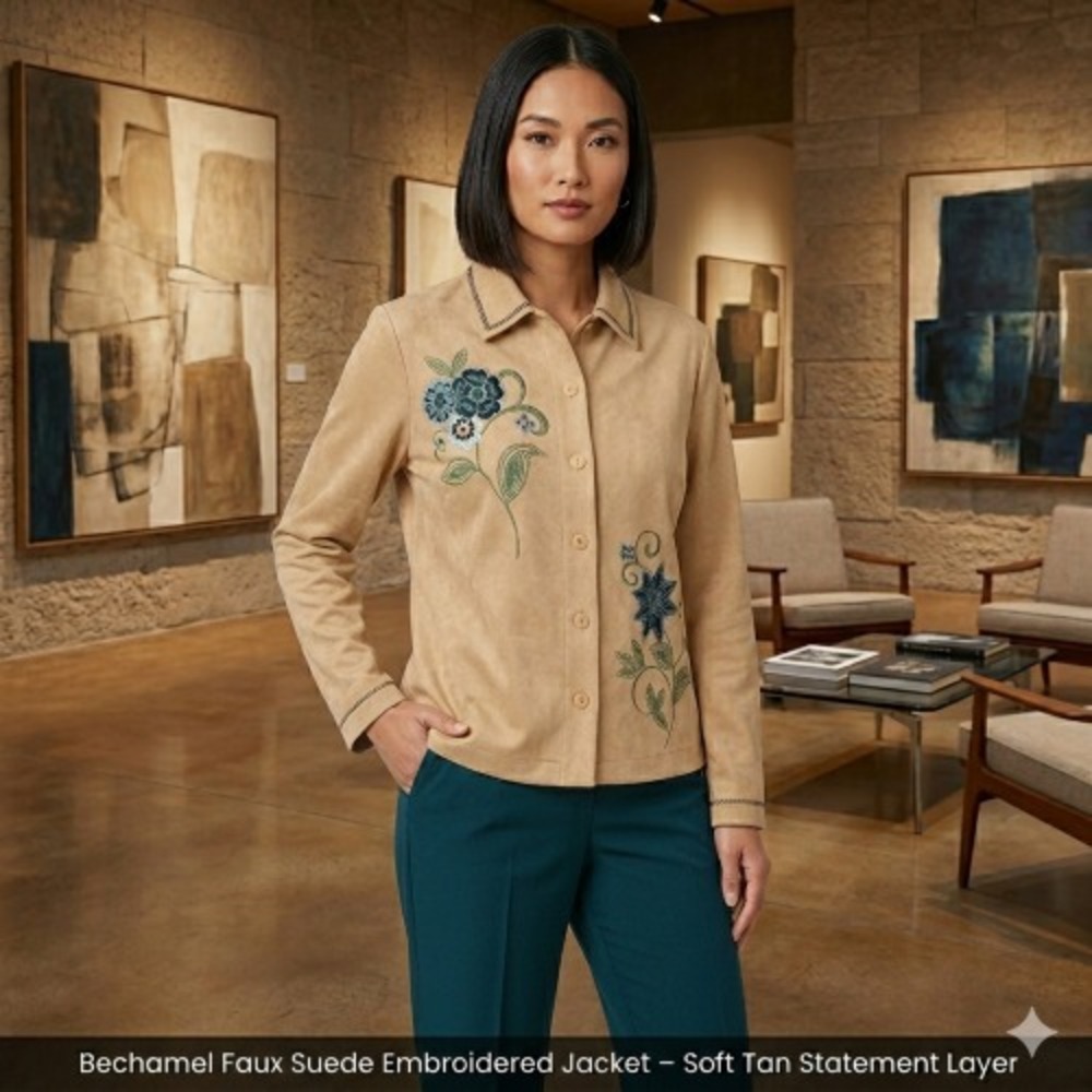 Bechamel Faux Suede Embroidered Jacket‎ PL – Soft Tan Statement Layer